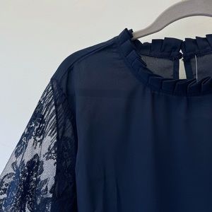 Sweet Lace Long Sleeve Blouse - Navy